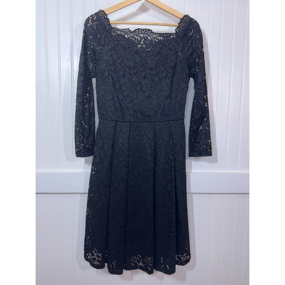 Miss May Retro Whimsigoth Black Lace Off Shoulder Long Sleeve Cocktail Dress L